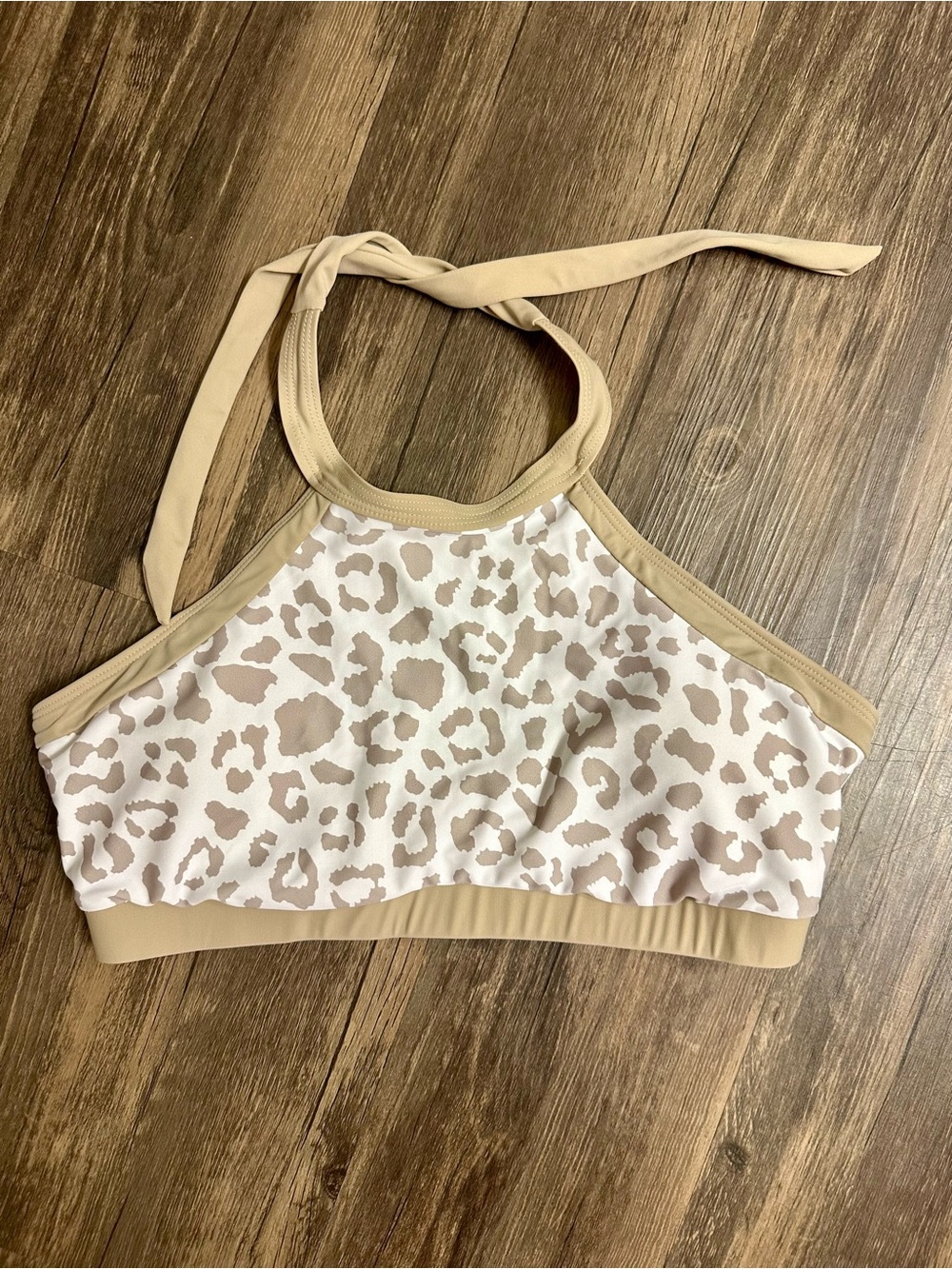High-Neck Animal Print Bikini Halter Top in Beige - Women's Swim